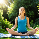 A serene woman meditating outdoors in a lush garden, sunlight filtering through the trees. She's surrounded by healthy, vibrant plants and a clear blue sky, symbolizing inner peace and a connection to nature. Focus on her calm expression and posture.