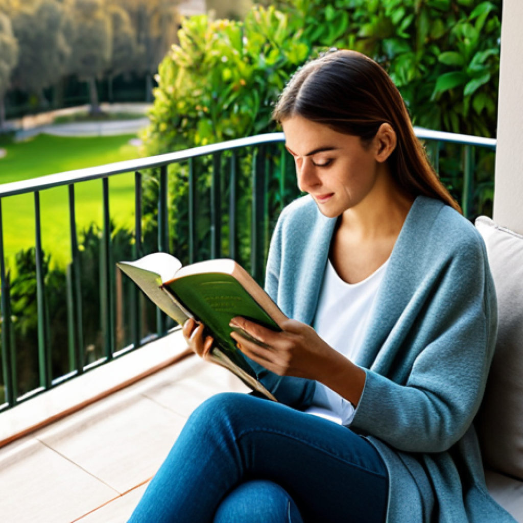 Tranquil Balcony Reading Nook**
"A cozy and inviting balcony reading nook bathed in soft, natural light. The scene features comfortable cushions, a warm blanket, and potted plants creating a serene atmosphere. A woman, fully clothed in comfortable casual wear, is peacefully reading a book, with a cup of tea nearby. The backdrop is a relaxing view of a vibrant Spanish park. Focus on warmth and tranquility, conveying a sense of peaceful escape. safe for work, appropriate content, fully clothed, professional, modest, perfect anatomy, natural proportions, high quality."
**