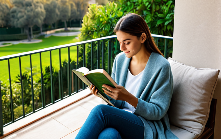 Tranquil Balcony Reading Nook**
"A cozy and inviting balcony reading nook bathed in soft, natural light. The scene features comfortable cushions, a warm blanket, and potted plants creating a serene atmosphere. A woman, fully clothed in comfortable casual wear, is peacefully reading a book, with a cup of tea nearby. The backdrop is a relaxing view of a vibrant Spanish park. Focus on warmth and tranquility, conveying a sense of peaceful escape. safe for work, appropriate content, fully clothed, professional, modest, perfect anatomy, natural proportions, high quality."
**