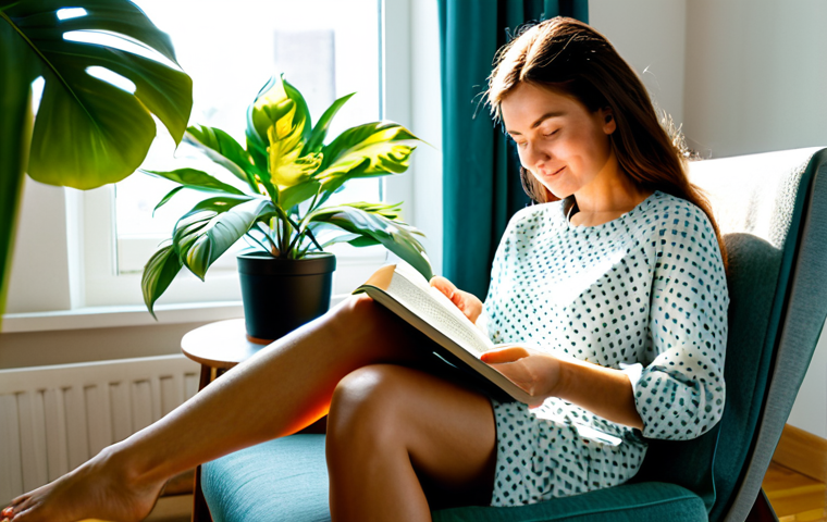 **
A woman sitting comfortably in an armchair in a brightly lit living room, wearing modest casual clothes, reading a book with a serene expression. Sunlight streams through the window. Plants adorn the room. "Safe for work", "appropriate content", "fully clothed", "professional photography", "perfect anatomy", "correct proportions", "natural pose", "modest", "family-friendly".
**