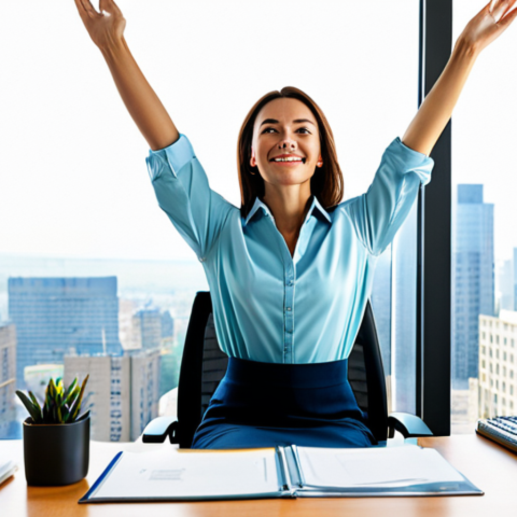 **
A woman in a brightly lit, modern office, sitting at her desk. She is wearing a modest business casual outfit, fully clothed. She is stretching her arms overhead, looking refreshed. The office has large windows with a city view. Safe for work, appropriate content, professional setting, perfect anatomy, natural pose, well-formed hands, high resolution.
**