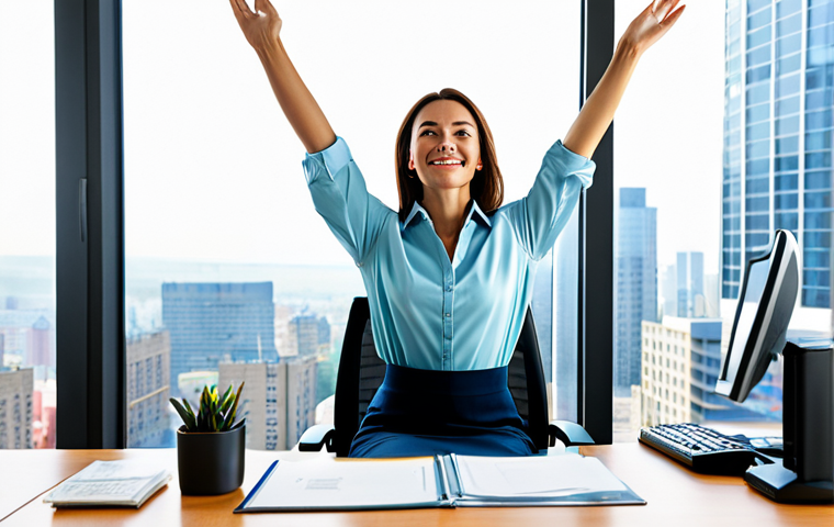 **

A woman in a brightly lit, modern office, sitting at her desk. She is wearing a modest business casual outfit, fully clothed. She is stretching her arms overhead, looking refreshed. The office has large windows with a city view. Safe for work, appropriate content, professional setting, perfect anatomy, natural pose, well-formed hands, high resolution.

**