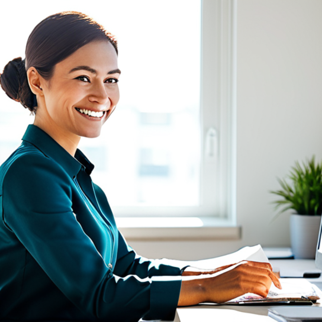 일상에서 쉽게 실천할 수 있는 자기 돌봄 방법 - Serene Workspace**

"A professional woman, fully clothed in a modest business casual outfit, working...