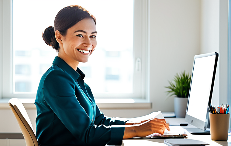 일상에서 쉽게 실천할 수 있는 자기 돌봄 방법 - Serene Workspace**
"A professional woman, fully clothed in a modest business casual outfit, working...