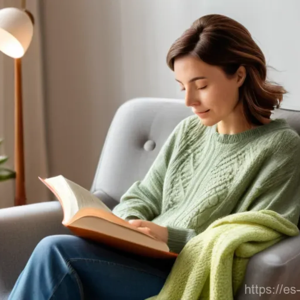 자기 돌봄 루틴 만들기  초보자를 위한 가이드 - A serene woman in her late 30s with short, neatly styled brown hair is comfortably seated on a plush...