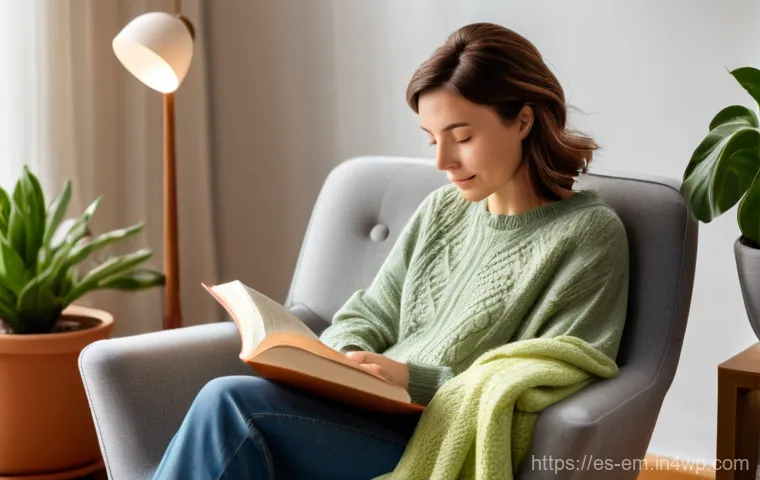 자기 돌봄 루틴 만들기 초보자를 위한 가이드 - A serene woman in her late 30s with short, neatly styled brown hair is comfortably seated on a plush...
