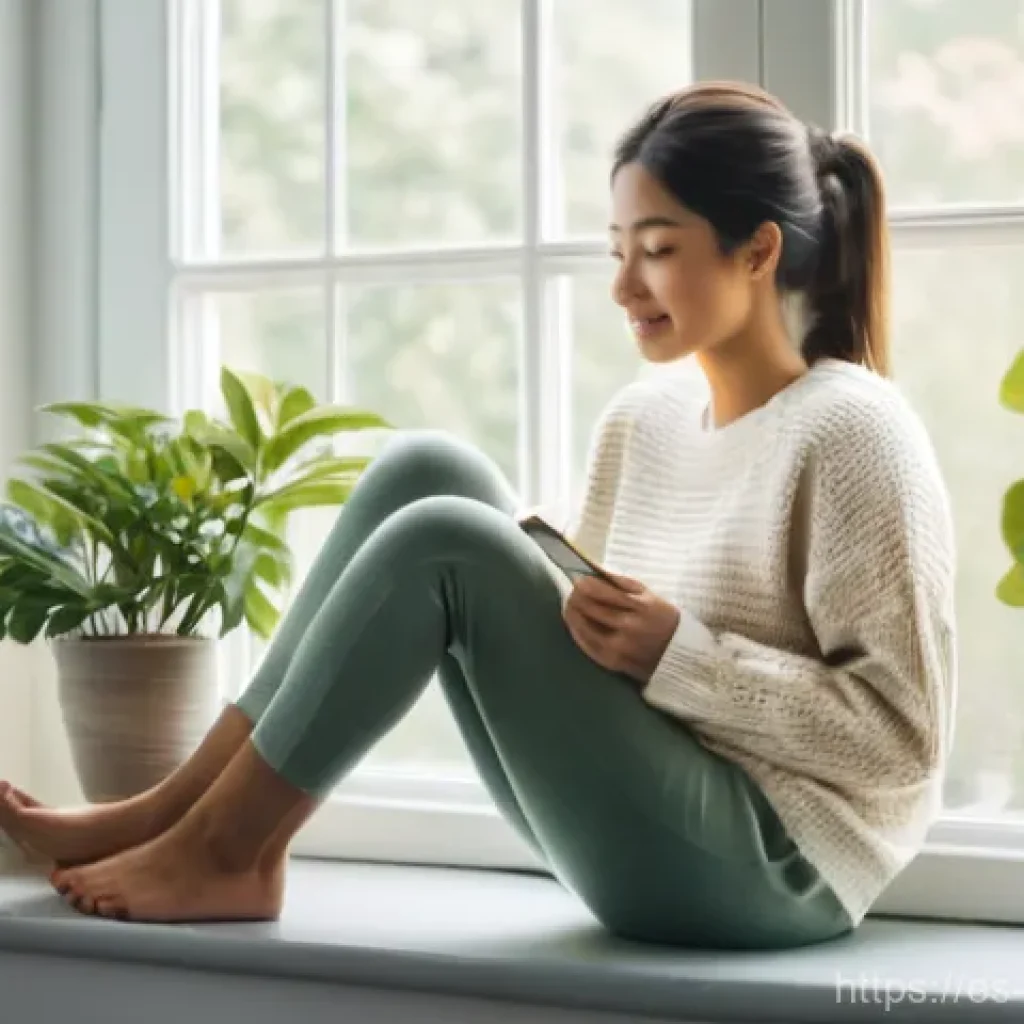 자기 돌봄과 마음챙김의 접목 - **Prompt:** A serene, cozy morning scene. A woman in her early 30s is sitting comfortably by a sunli...