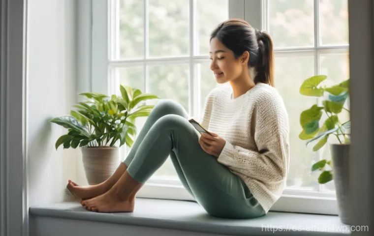 자기 돌봄과 마음챙김의 접목 - **Prompt:** A serene, cozy morning scene. A woman in her early 30s is sitting comfortably by a sunli...