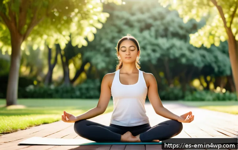 자기 돌봄의 효과적인 평가 방법 - A serene young Hispanic woman practicing yoga outdoors in a sunny park setting, wearing comfortable ...