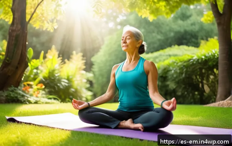 자기 돌봄을 위한 창의적인 표현 방법 - A serene outdoor scene in a lush Spanish park during early morning, featuring a middle-aged woman pr...