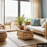 Home 21 자기 돌봄을 위한 편안한 공간 만들기 - A cozy and serene living room corner bathed in warm natural light, featuring soft beige and pastel b...