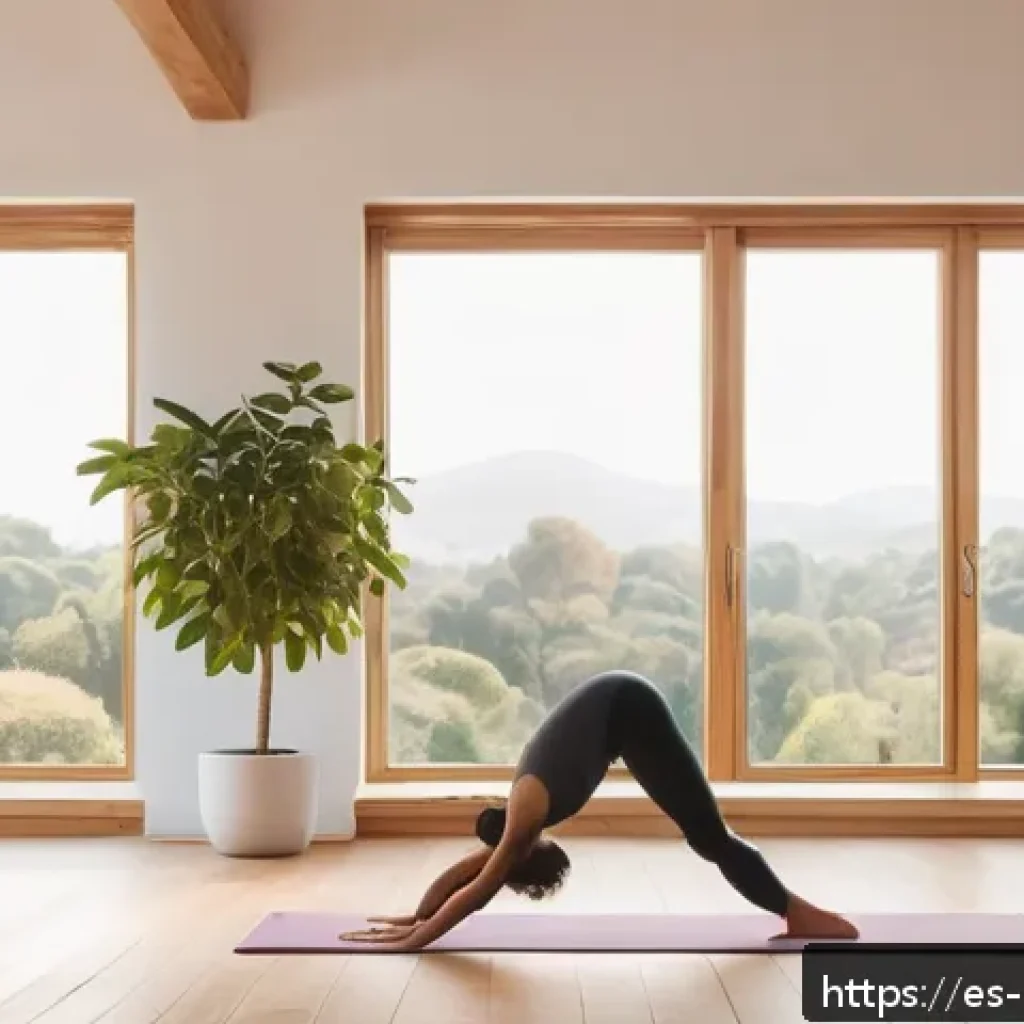 자기 돌봄의 실천을 위한 아이디어 모음 - A serene indoor yoga scene featuring a beginner woman in comfortable, modest activewear practicing g...