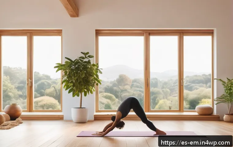 자기 돌봄의 실천을 위한 아이디어 모음 - A serene indoor yoga scene featuring a beginner woman in comfortable, modest activewear practicing g...