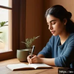 Home 19 자기 돌봄의 동기 부여 극복하기 - A serene, cozy indoor scene showing a young Hispanic woman in casual, comfortable clothing sitting a...